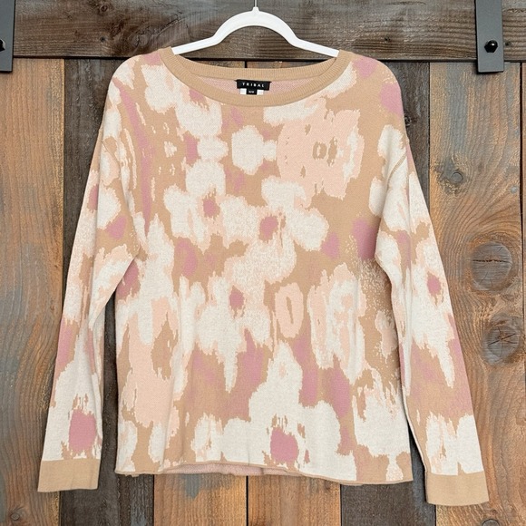 Tribal Sweaters - Tribal Floral Cotton Knit‎ Sweater Women Medium Pink Tan